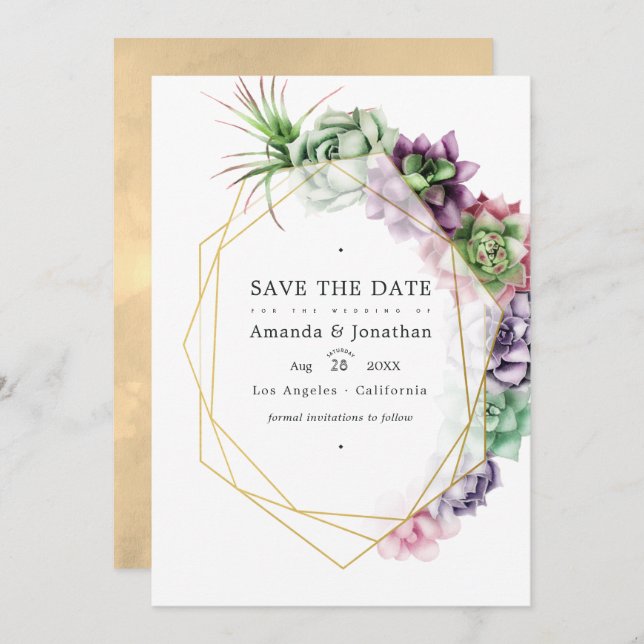 Geometrische Sukkulenten Herbarium Garden Wedding Save The Date (Vorne/Hinten)