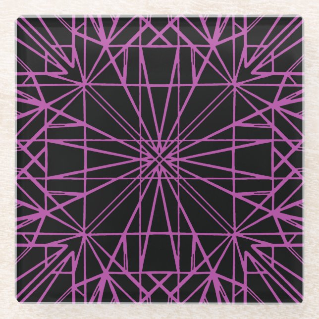 Geometrische Symmetrie Schwarz & Lila/Magenta Glasuntersetzer (Vorderseite)