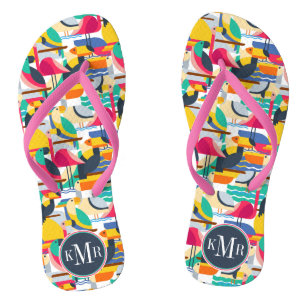 Geometrische tropische Vögel   Monogramm Flip Flops