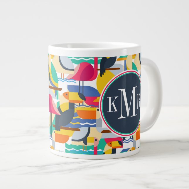 Geometrische tropische Vögel| Monogramm Jumbo-Tasse (Vorderseite Rechts)