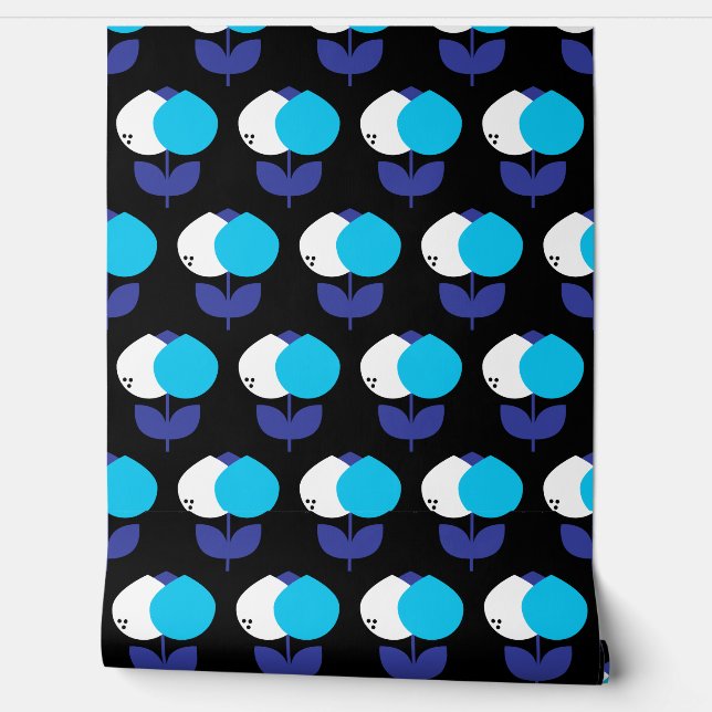 Geometrische Tulips Blau und Schwarz Tapete (Abrollen)