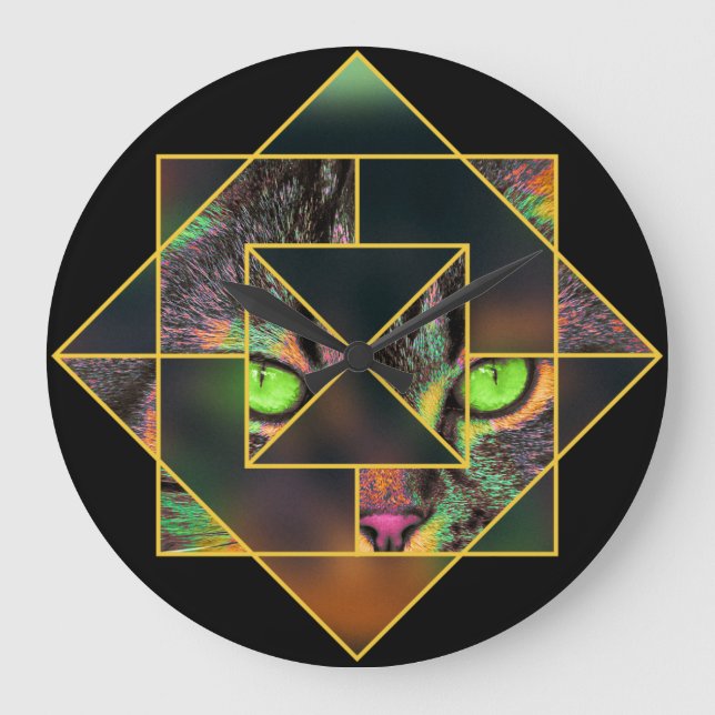Geometrische Verriegelung Diamant Pop Art Pet Cat Große Wanduhr (Vorderseite)