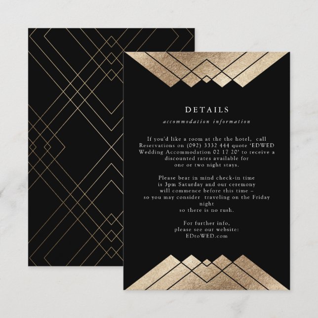 Geometrische Vintage Schwarz-Gold-Foil-Hochzeitdet Begleitkarte (Vorne/Hinten)