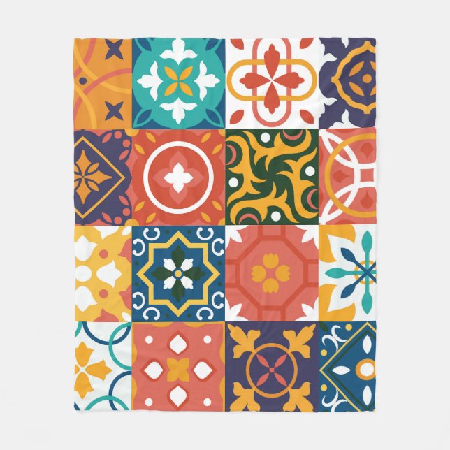 Geometrische Vintage Tiles Verziertes Muster Fleecedecke (Vorderseite)