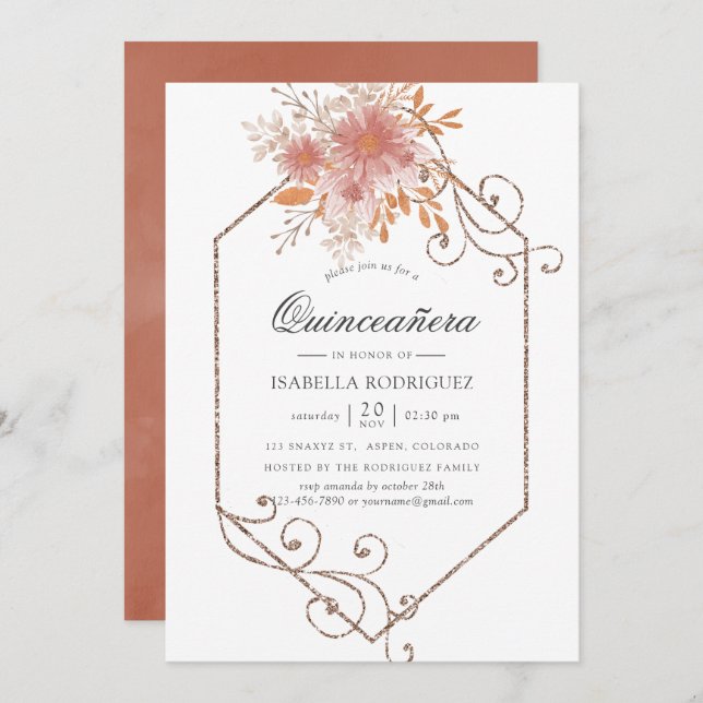 Geometrische Wasserfarbe Terracotta Quinceñera Einladung (Vorne/Hinten)