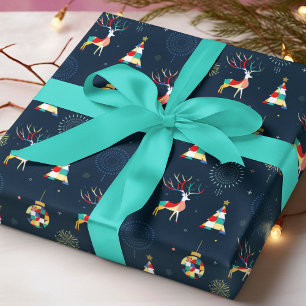 Geometrische Weihnachtsbäume Rentier-Luftbälle Geschenkpapier