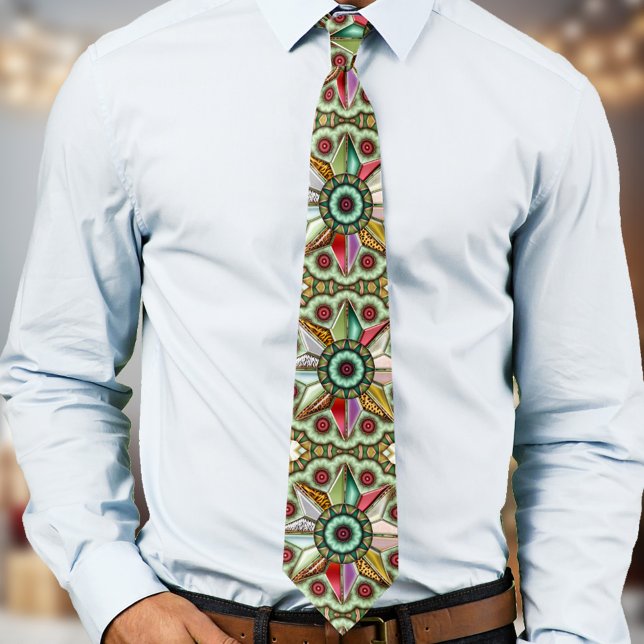 Geometrische Weihnachtsstern-Design-Krawatte Krawatte (Christmas tie with an abstract art geometric star design in greens with colorful touches)