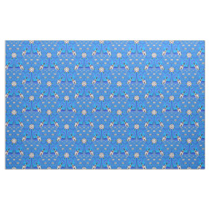 geometrische weiße Blume mit 6 Punkten auf blau Stoff