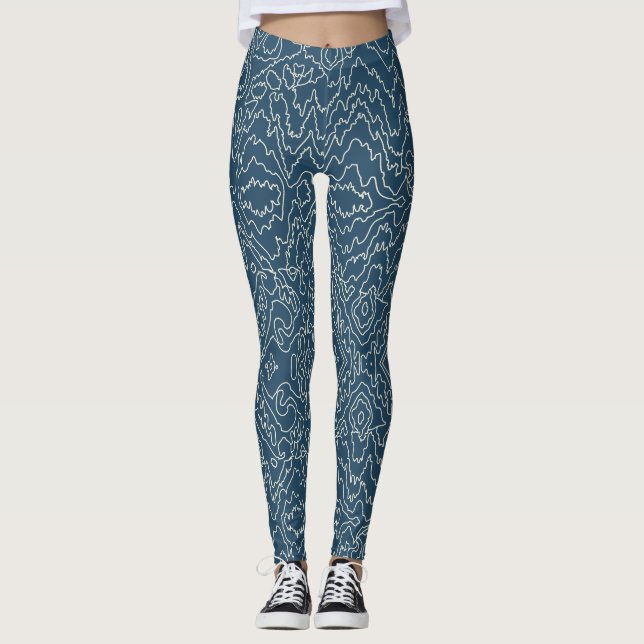 Geometrische weiße Curvy-Linien auf blau Leggings (Vorderseite)