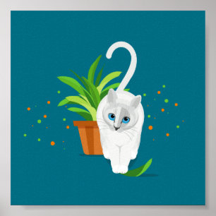 Geometrische weiße Katze, die an einem Pflanze vor Poster