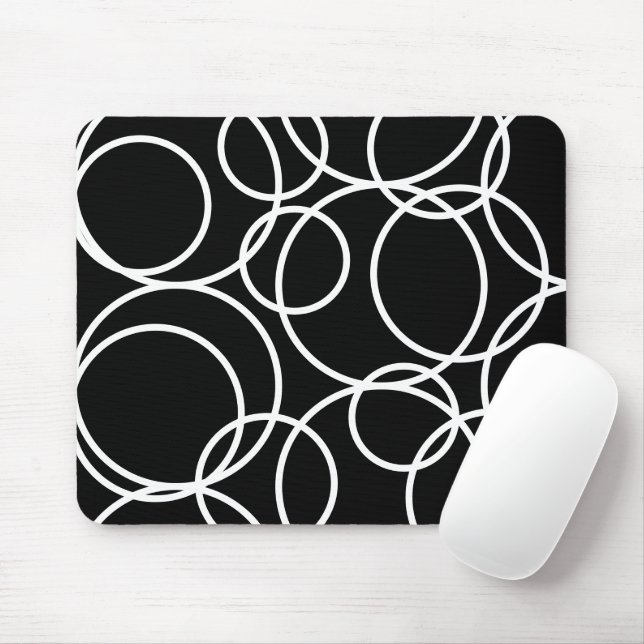 Geometrische weiße Kreise Schwarz Moderne Abstrakt Mousepad (Mit Mouse)