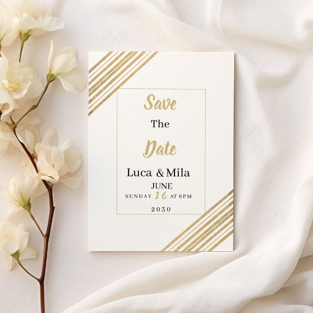 Geometrische weiße und goldene Typografie Save the Einladung (Geometric white and gold typography Save the Date)