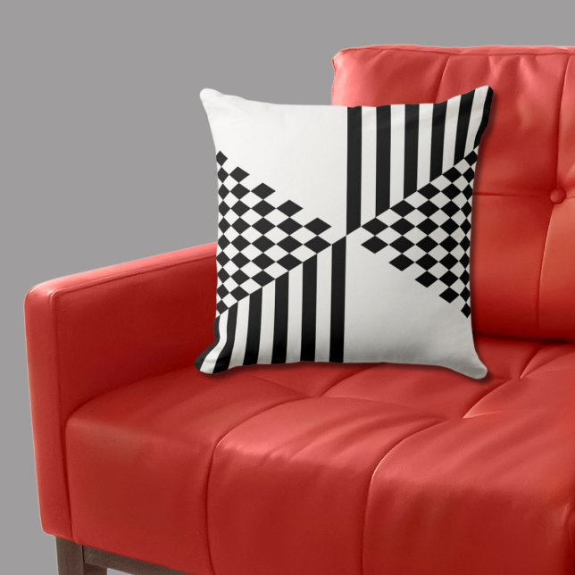 Geometrische weiße und schwarze Streifen Diamant-S Kissen (Geometric White & Black Stripes Diamond Checkers Throw Pillow)