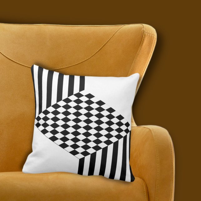 Geometrische weiße und schwarze Streifen Diamant-S Kissen (Geometric White & Black Stripes Diamond Checkers Throw Pillow)