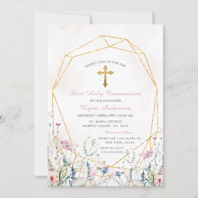 Geometrische Wildblume Erste Heilige Kommunion Einladung (Vorderseite)