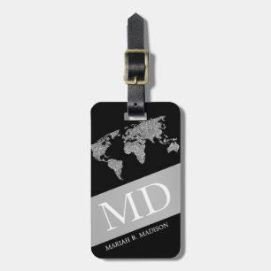 Geometrische World Traveller Map Silver Metal Mono Gepäckanhänger