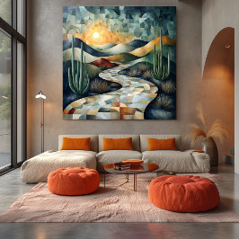 Geometrische Wüstenlandschaft mit Kaktus und Sonne Leinwanddruck