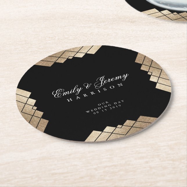 Geometrischer Black Gatsby Wedding Table Untersetz Runder Pappuntersetzer (Angewinkelt)