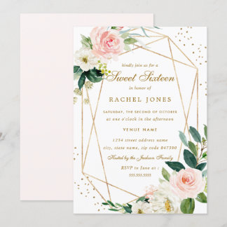 Geometrischer Blush Gold Floral 16 . Geburtstag Ei Einladung