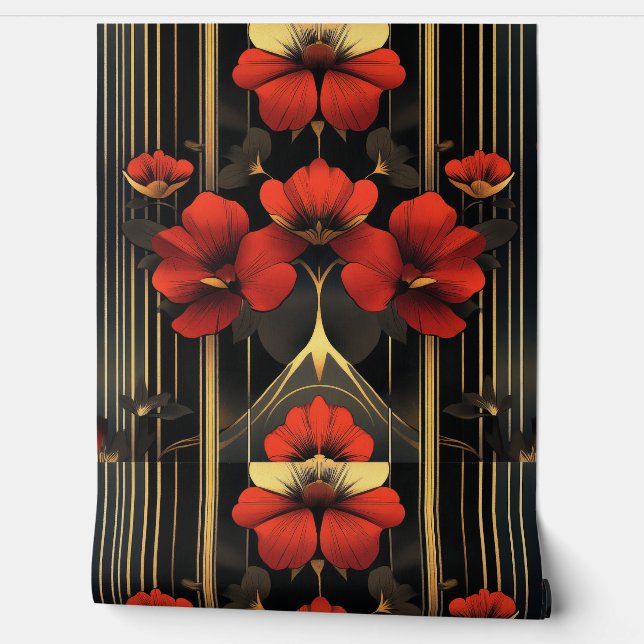 Geometrischer Deko aus Gold und Roter Flora Tapete (Abrollen)