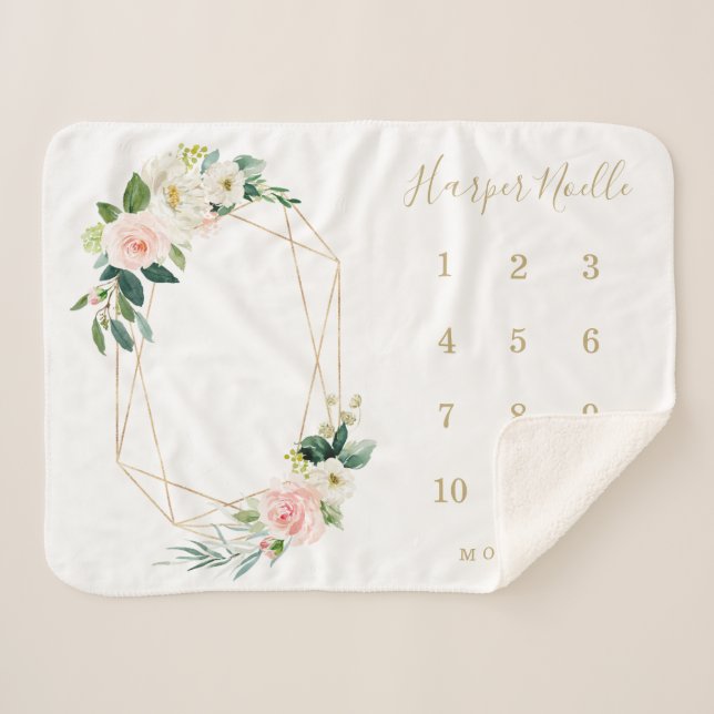 Geometrischer Frühjahr Florals Baby Milestone Sherpadecke (Vorderseite (Horizontal))