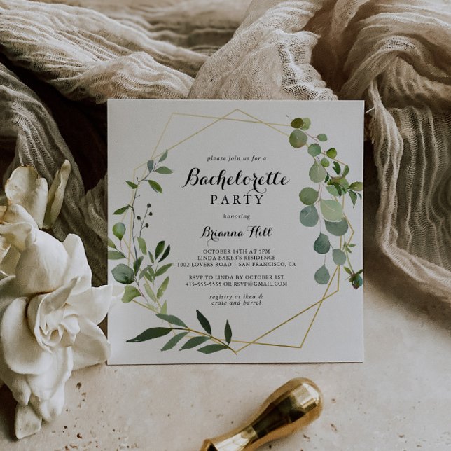 Geometrischer Gold tropischer grüner Junggeselinne Einladung (Von Creator hochgeladen)