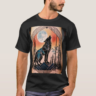 Geometrischer Howling Wolf Tattoo mit nächtlicher T-Shirt