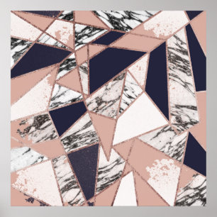 Geometrischer Marine-Blau-Pfirsich-Marmor und Poster