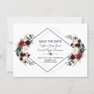 Geometrischer Merlot Navy Blau Floral Save The Dat Date