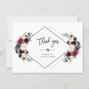 Geometrischer Merlot Navy Blumen Hochzeit Danke
