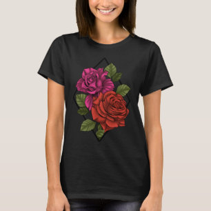 Geometrischer moderner Garten rosa und rote Rosen T-Shirt