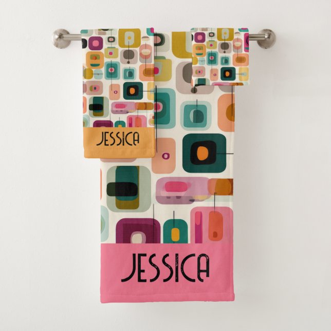 Geometrischer Name der RETRO-Farbblöcke Mittelzent Badhandtuch Set (Insitu)