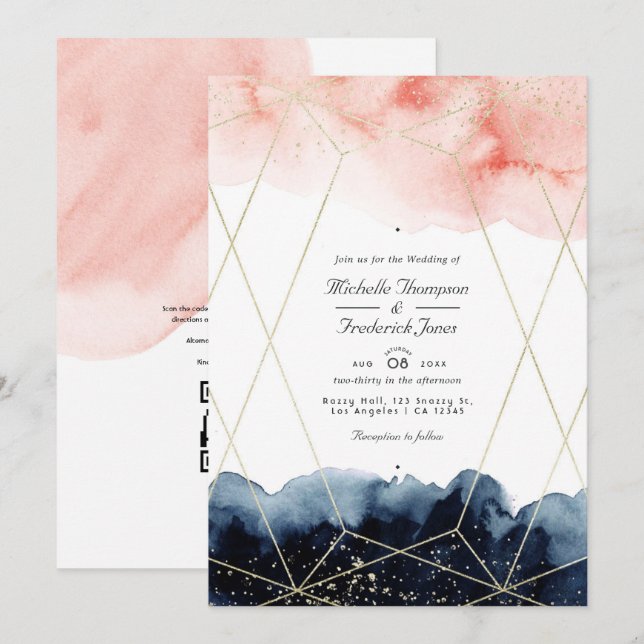 Geometrischer QR-Code für Hochzeiten von Wasserfar Einladung (Vorne/Hinten)