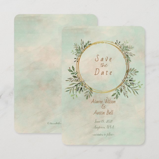 Geometrischer Rahmen für Grünflächen und Gold Save The Date (Vorne/Hinten)