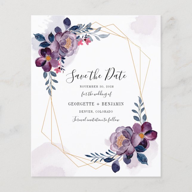 Geometrischer Rahmen Lila floral Save the Date (Vorderseite)