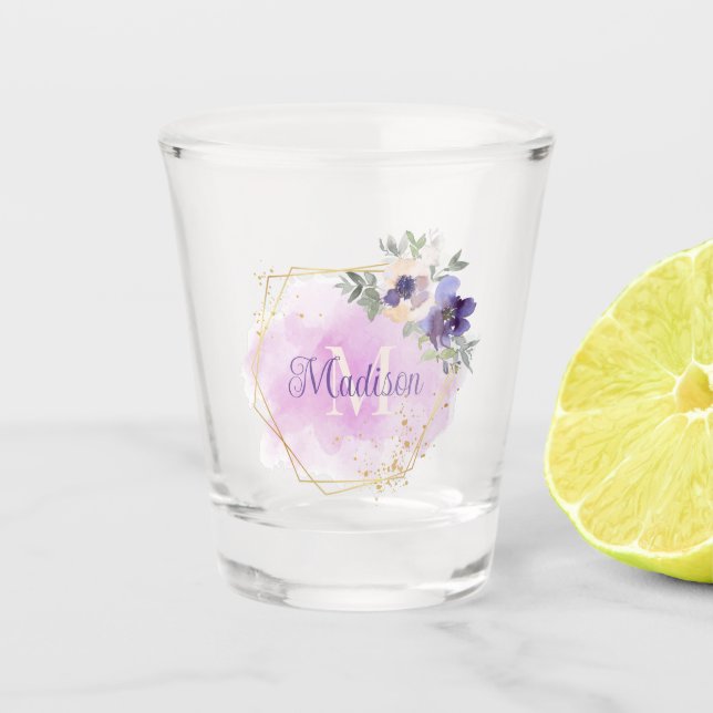 Geometrischer Rahmen - Lila und hellrosa Blume Schnapsglas (Vorderseite)