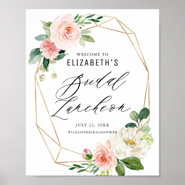 Geometrischer Rahmen Pink Floral Bridal Luncheon Poster (Vorne)