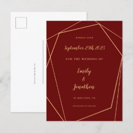 Geometrischer Rahmen Script Burgundy Gold Wedding  Ankündigungspostkarte