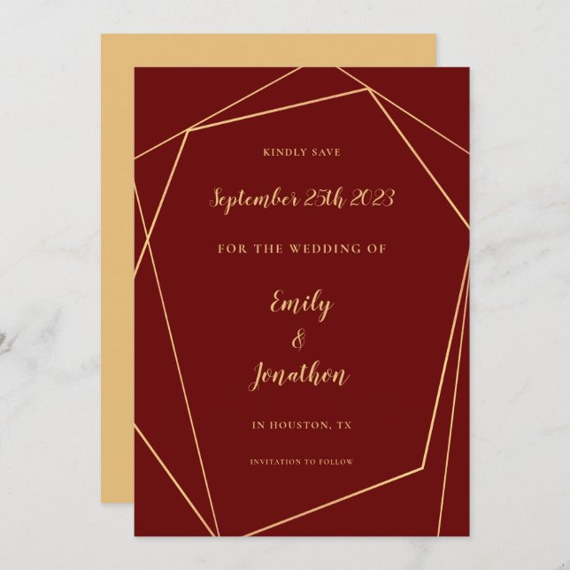 Geometrischer Rahmen Script Burgundy Gold Wedding  Save The Date (Vorne/Hinten)
