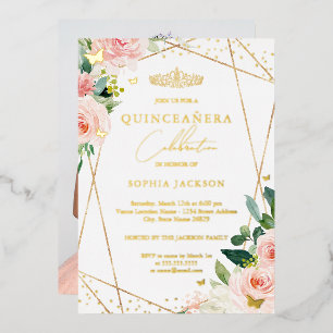 Geometrischer Rouge Gold Blumenfoto Quinceanera Folieneinladung