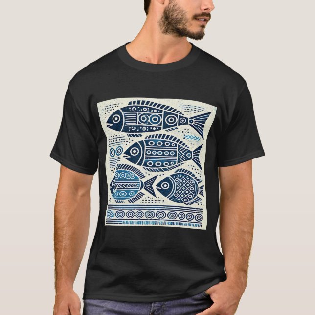 Geometrischer Stammesblauer Fisch T-Shirt (Vorderseite)