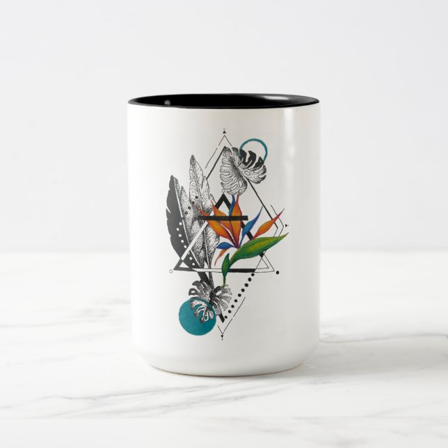 Geometrischer Vogel des Paradieses und der Monster Zweifarbige Tasse (Mittel)