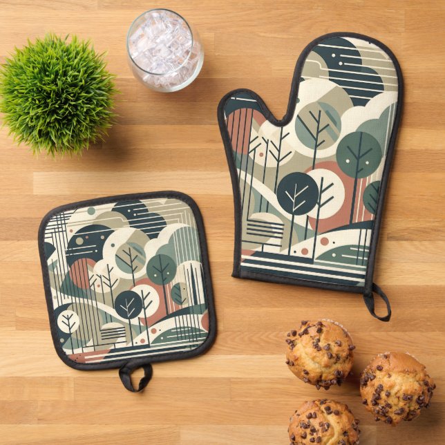 Geometrischer Wald Ofenhandschuh & Topflappen-Set (Oben Unten)