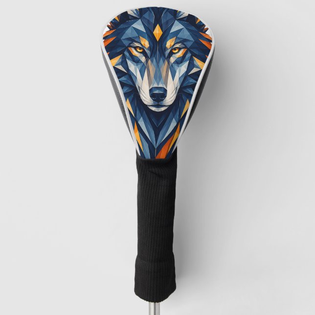 Geometrischer Wolf Schwarz & Orange Polygonal Kuns Golf Headcover (Vorderseite)