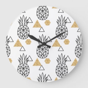 Geometrisches Ananas Gold Dots Muster. Große Wanduhr