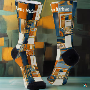 Geometrisches Art-Deco-Patchwork in Blau und Gold Socken