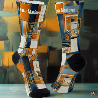 Geometrisches Art-Deco-Patchwork in Blau und Gold Socken