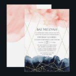 Geometrisches Bat Mitzvah für Schiffe und Wasserfa Einladung<br><div class="desc">Bat mitzvah Einladung mit marineblau und rot rosa Aquarellmalspritzen und einem goldenen geometrischen Rahmen.</div>