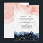 Geometrisches Bat Mitzvah für Schiffe und Wasserfa Einladung<br><div class="desc">Bat mitzvah Einladung mit marineblau und rot rosa Aquarellmalspritzen und einem goldenen geometrischen Rahmen.</div>