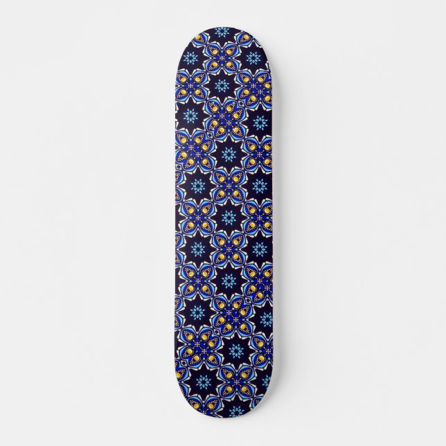 Geometrisches Black Blue Gold Cross Skateboard (Vorne)